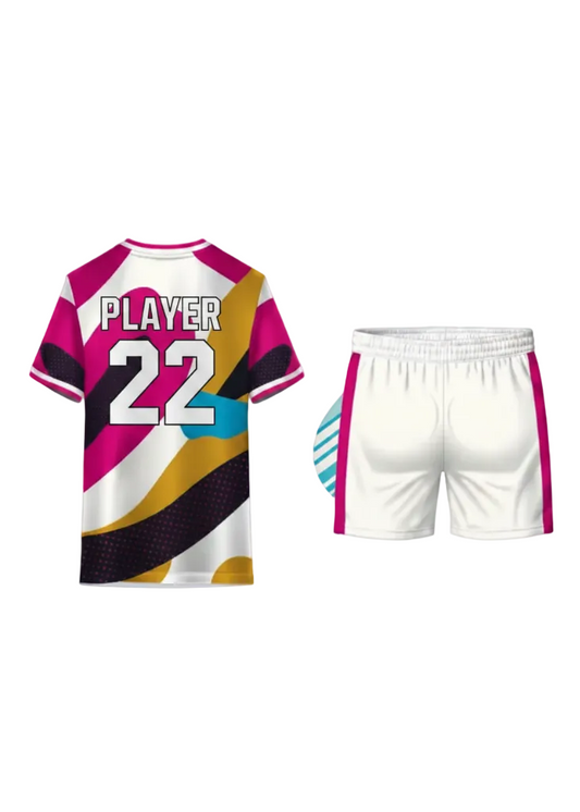 Custom pink and white sports jersey with shorts set for cricket and football team uniform India