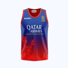 Custom RCB 2026 sleeveless cricket jersey with red blue sports design
