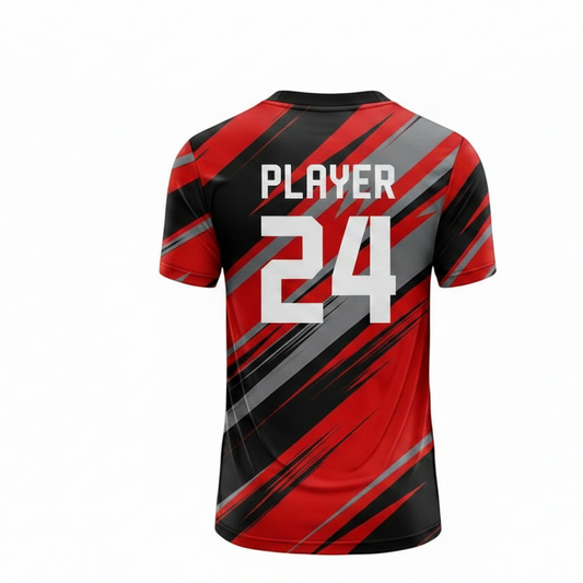 Red black silver strike custom esports jersey back side with player name and number