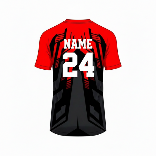 Red black custom esports jersey back side with player name and number