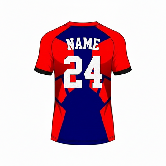 Red blue custom esports jersey back side with player name and number