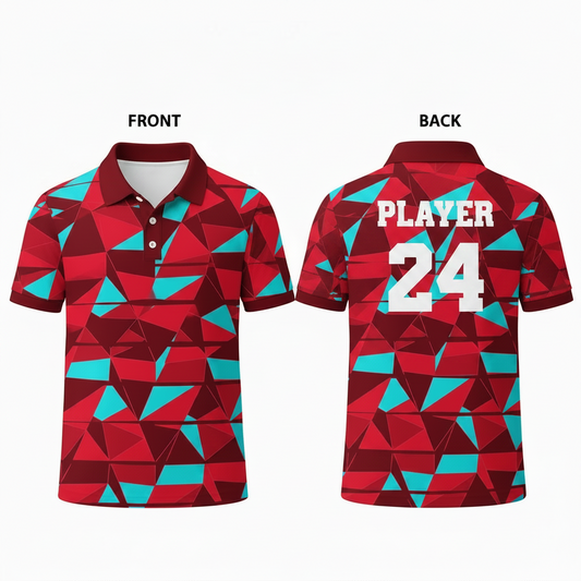 Red blue geometric patterned esports polo jersey back view