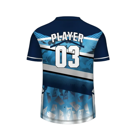 Custom royal blue esports jersey back side with personalized gamer name and number