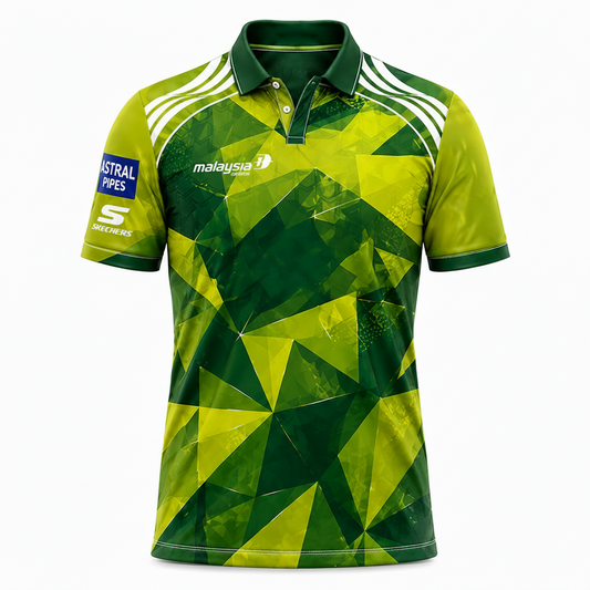 Green and yellow sports jersey with various brand logos on a white background