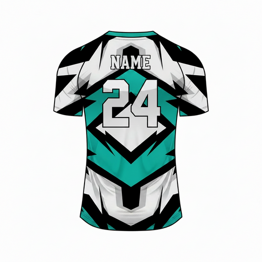 Teal black white custom esports jersey back side with player name and number