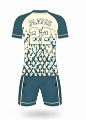 Custom teal and cream sports jersey with shorts set for cricket and football team uniform India back view camouflage pattern