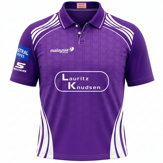 Purple sports jersey with various logos on a white background