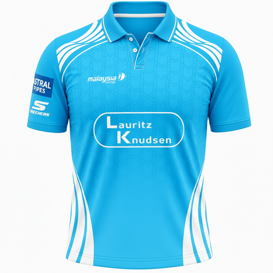 Blue sports jersey with various logos on a white background