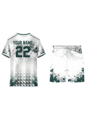 Custom white and grey sports jersey with abstract geometric pattern and matching shorts for cricket, football, badminton and team uniforms by NextPrint India
