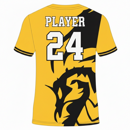 Custom yellow black dragon strike esports jersey front view with premium gaming design