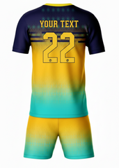 Custom yellow and blue gradient sports jersey with matching shorts, back side printed with name "Your Text" and number 22, breathable team uniform, NextPrint India