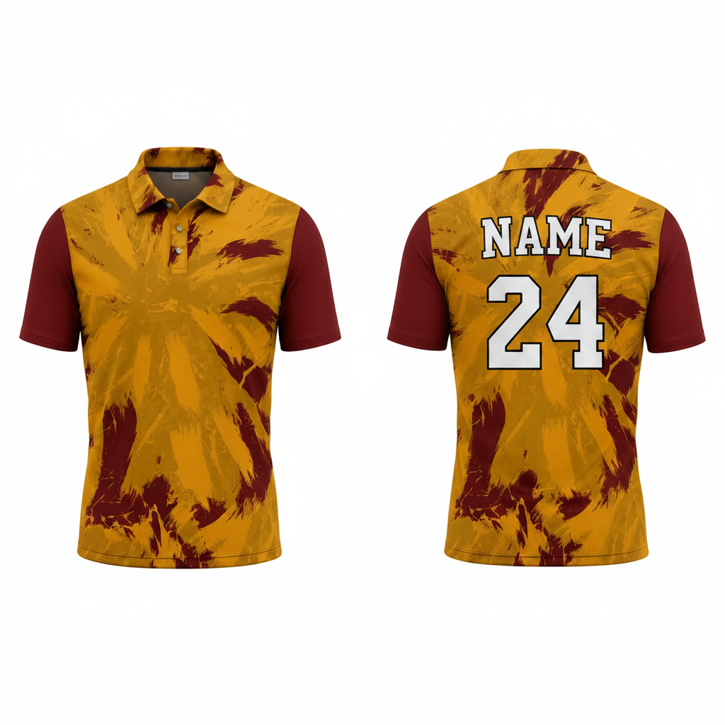 Yellow maroon tie-dye pattern esports polo jersey back view