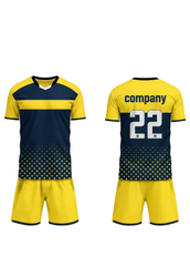 Custom yellow and navy blue sports jersey with matching shorts featuring modern dotted gradient design for football, cricket and team sports by NextPrint India