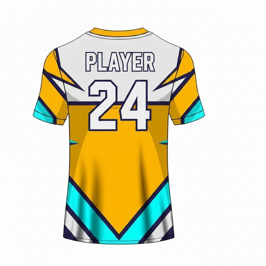Yellow white aqua vortex custom esports jersey back side with player name and number