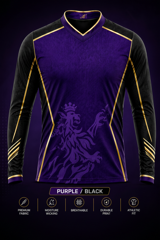 Purple and black sports jersey with branding on a dark background