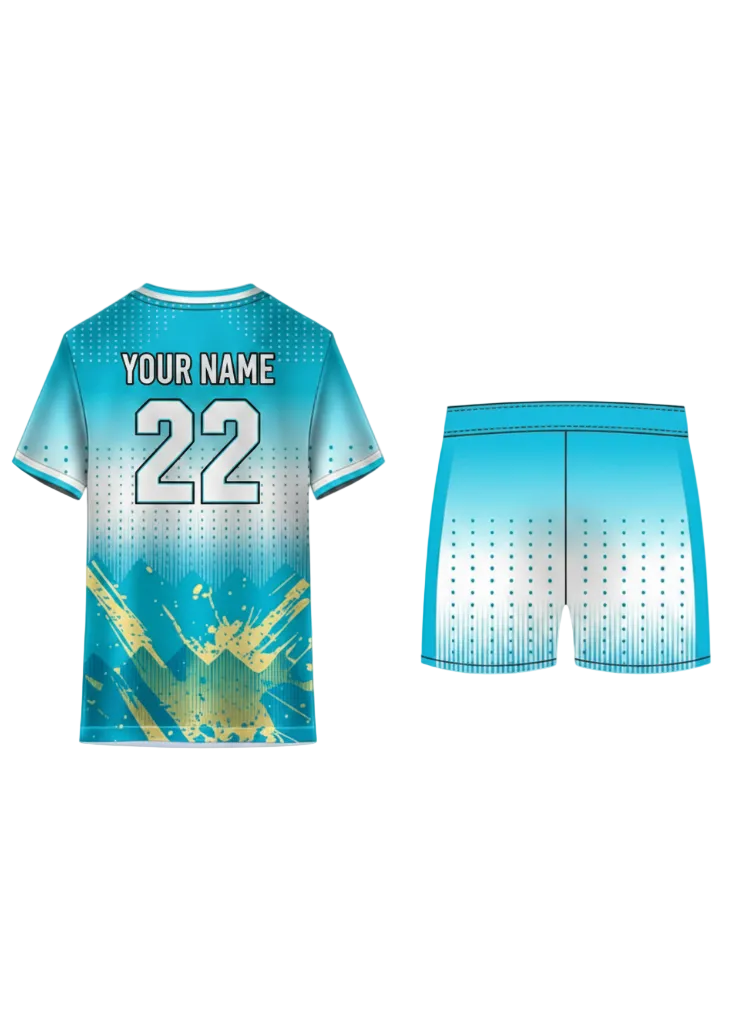Cyan blue gradient custom sports jersey with matching shorts for cricket, football and volleyball team uniform sublimation printing