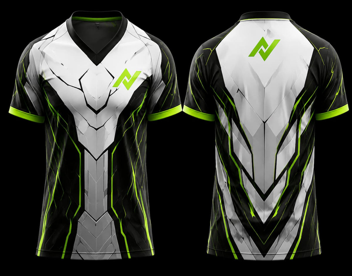 Front and back view of a white, black, and neon green cyber armor esports jersey featuring futuristic geometric graphics and a V-neck design.
