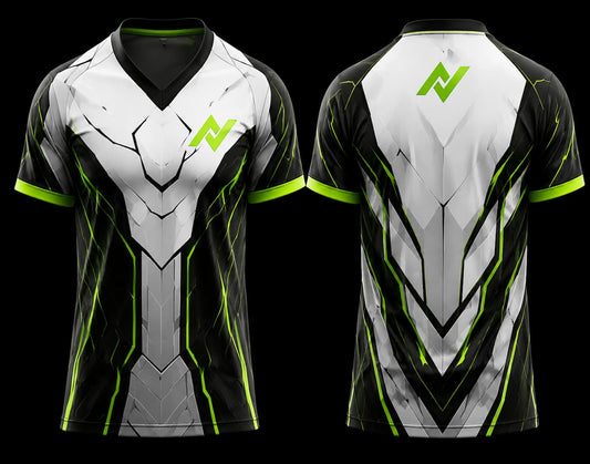 Front and back view of a white, black, and neon green cyber armor esports jersey featuring futuristic geometric graphics and a V-neck design.