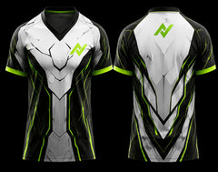 Front and back view of a white, black, and neon green cyber armor esports jersey featuring futuristic geometric graphics and a V-neck design.
