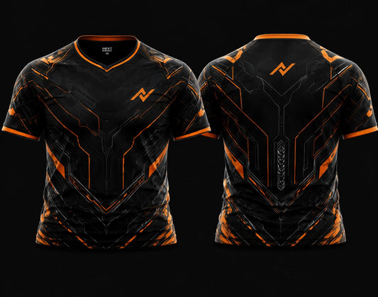Front and back view of black and orange futuristic cyber armor esports jersey with gaming-inspired tech patterns.