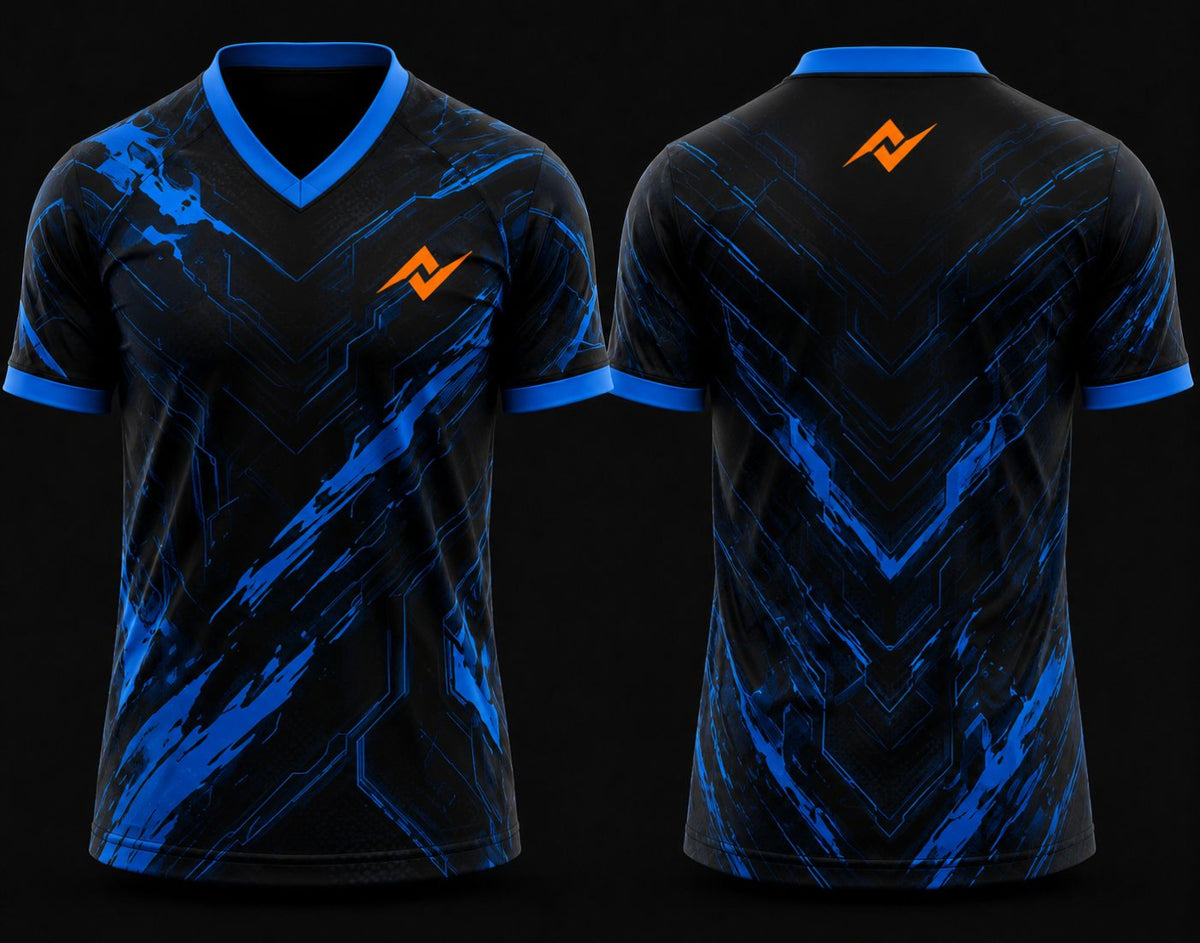 Black and electric blue esports jersey with V-neck polo collar featuring futuristic cyber graphics and orange logo placement on chest and back neck.