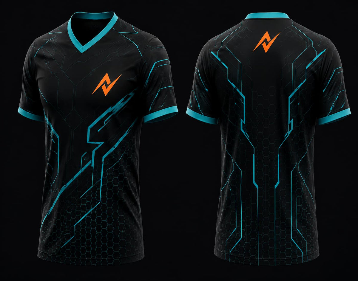 Front and back view of a black and cyan V-neck esports jersey featuring futuristic circuit graphics, hexagon texture, and an orange logo on the chest and upper back.