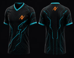 Front and back view of a black and cyan V-neck esports jersey featuring futuristic circuit graphics, hexagon texture, and an orange logo on the chest and upper back.