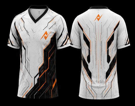 Front and back view of a white V-neck esports jersey featuring black and orange futuristic circuit graphics with an orange logo on the chest and upper back.