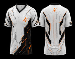 Front and back view of a white V-neck esports jersey featuring black and orange futuristic circuit graphics with an orange logo on the chest and upper back.