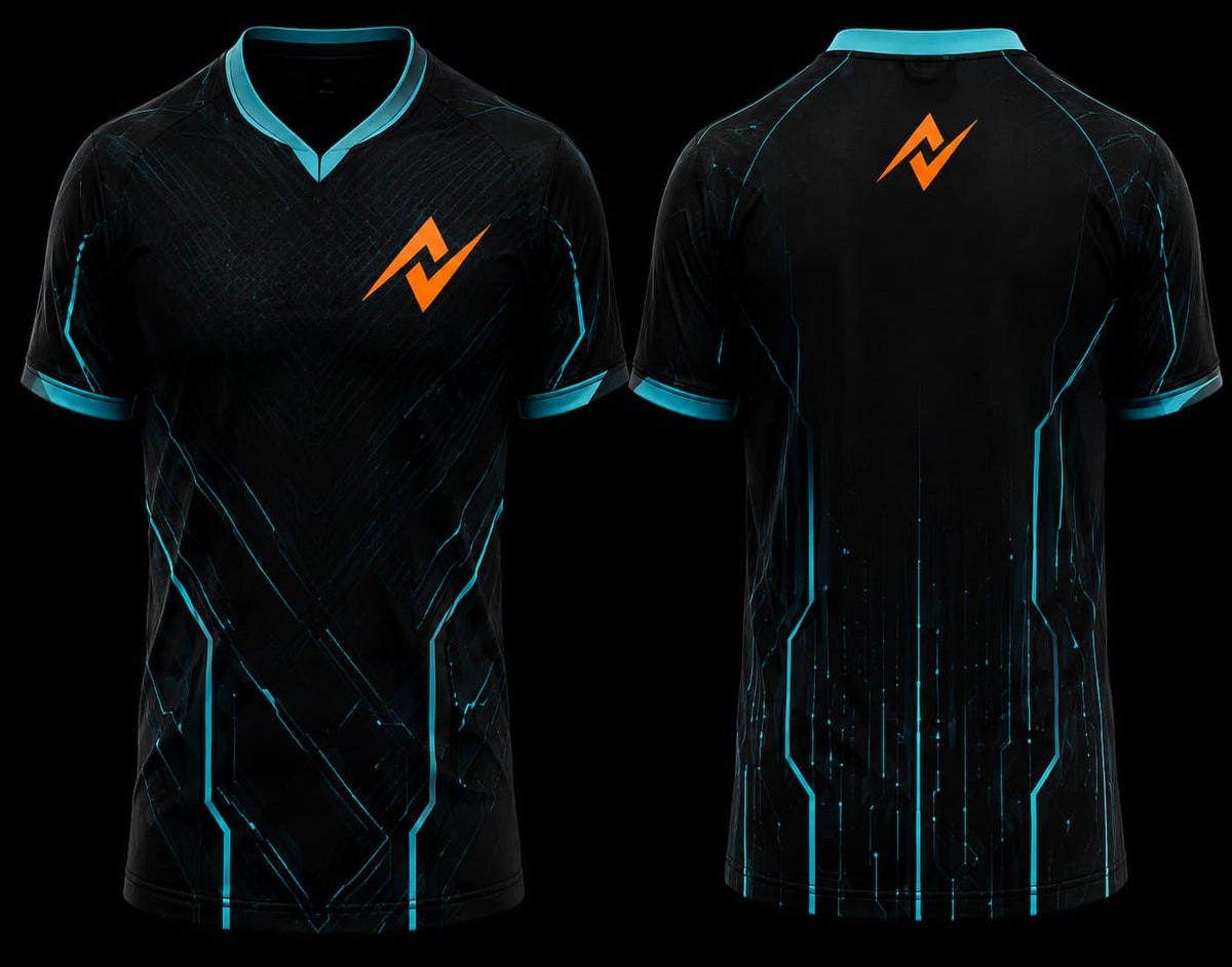 Black and cyan V-neck esports jersey featuring futuristic circuit graphics with front and back views for professional gaming teams.