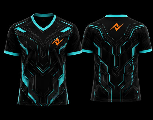 Front and back view of a black and cyan V-neck esports jersey featuring futuristic cyber armor graphics with custom chest and upper back logo placement.