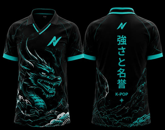 Front and back view of Cyber Kaiju K-Pop polo collar jersey featuring a futuristic aqua dragon design on a black jersey with neon cyber accents.