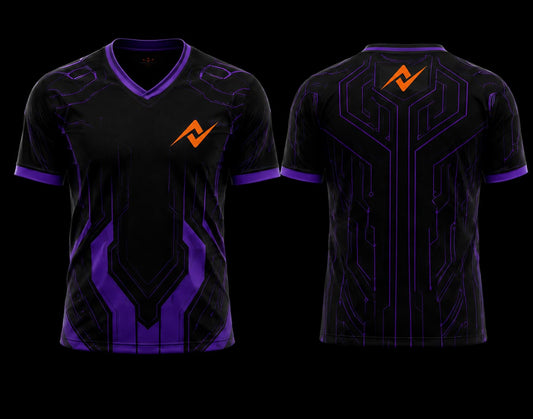 Front and back view of a black and purple V-neck esports jersey featuring futuristic cyber circuit graphics with custom chest and upper back logo placement.