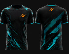 Front and back view of Cyber Pulse Free Fire esports jersey featuring black and cyan futuristic circuit graphics with round neck collar and orange logo placement on chest and upper back neck.