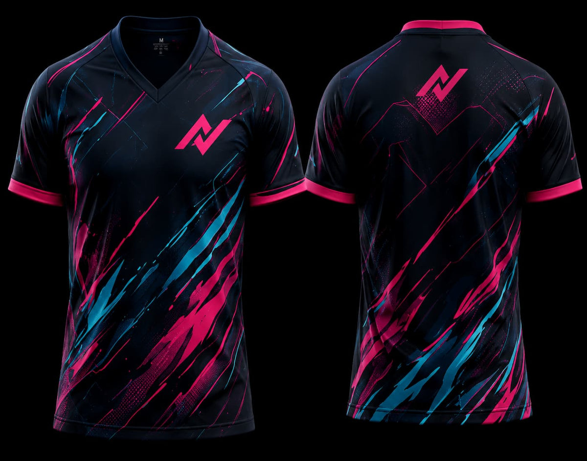 Front and back view of a black esports jersey featuring neon pink and cyan brushstroke graphics with a modern V-neck gaming design.