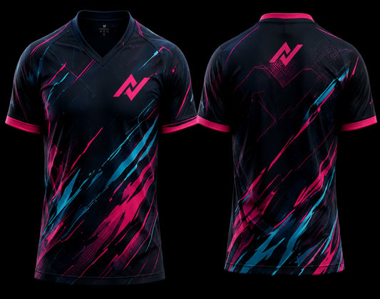 Front and back view of a black esports jersey featuring neon pink and cyan brushstroke graphics with a modern V-neck gaming design.