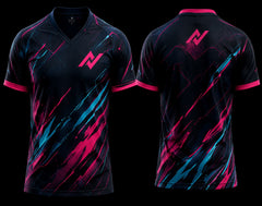Front and back view of a black esports jersey featuring neon pink and cyan brushstroke graphics with a modern V-neck gaming design.