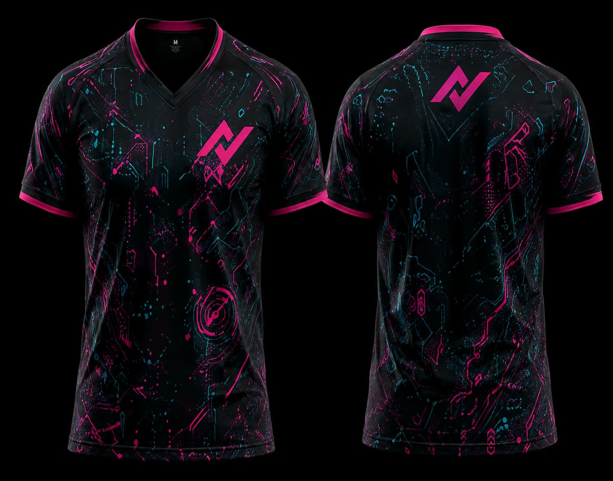 Front and back view of a black esports gaming jersey featuring neon pink and cyan cyber-tech graphics with customizable logo placement.
