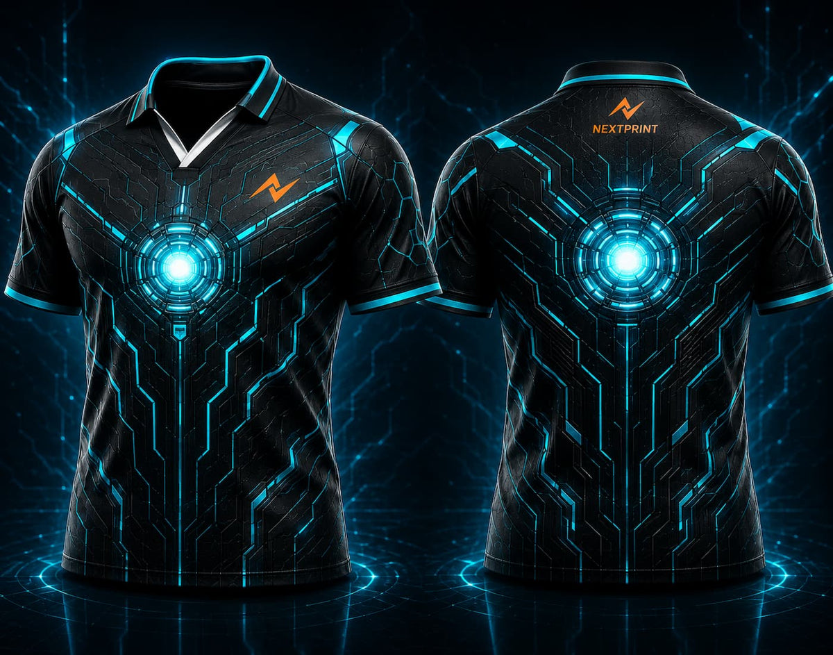 Front and back view of Cyber Pulse black and electric cyan V-neck esports polo jersey featuring a glowing energy core design with side chest logo and back neck logo placement.