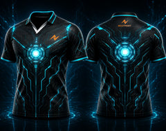 Front and back view of Cyber Pulse black and electric cyan V-neck esports polo jersey featuring a glowing energy core design with side chest logo and back neck logo placement.