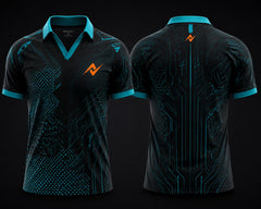 Front and back view of Cyber Wave black and cyan V-neck esports polo jersey featuring circuit graphics with chest logo and back neck logo placement.