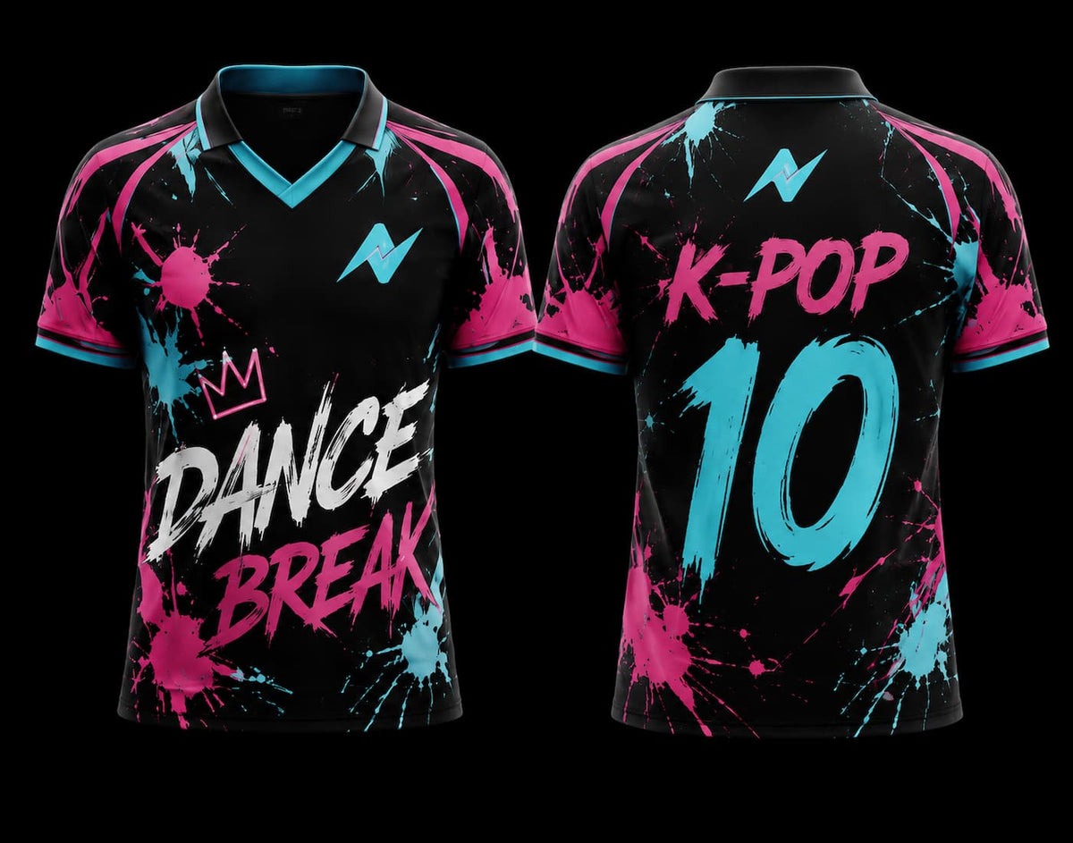 Front and back view of a black V-neck polo K-pop jersey featuring neon pink and cyan paint splash graphics, graffiti typography, and premium sublimation printing.