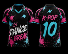 Front and back view of a black V-neck polo K-pop jersey featuring neon pink and cyan paint splash graphics, graffiti typography, and premium sublimation printing.