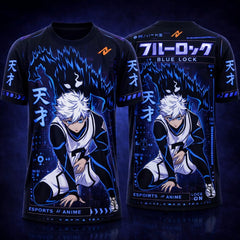 Dark anime streetwear jersey with white‑haired anime character, black base, neon purple and sky‑blue accents, Japanese text “天才,” and orange logo branding
