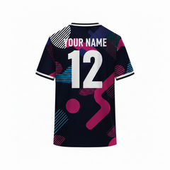 Dark blue and pink abstract sports t-shirt back design with modern geometric and dotted pattern for custom sublimation team jersey printing by NextPrint India