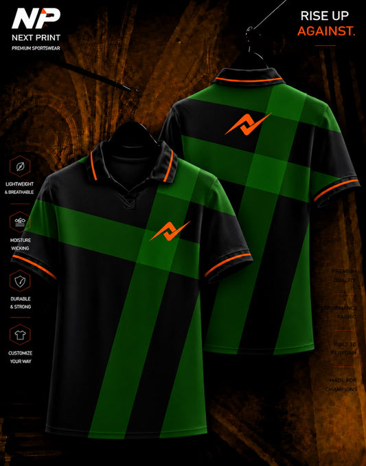 Dark green and black cross stripe polo sports jersey front and back mockup by Next Print