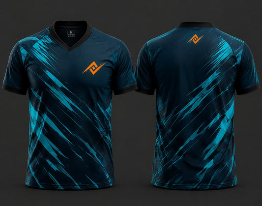Front and back view of a dark navy and cyan V-neck cricket jersey with dynamic brush-stroke graphics and an orange logo on the chest and below the back neckline.