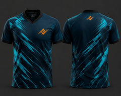 Front and back view of a dark navy and cyan V-neck cricket jersey with dynamic brush-stroke graphics and an orange logo on the chest and below the back neckline.