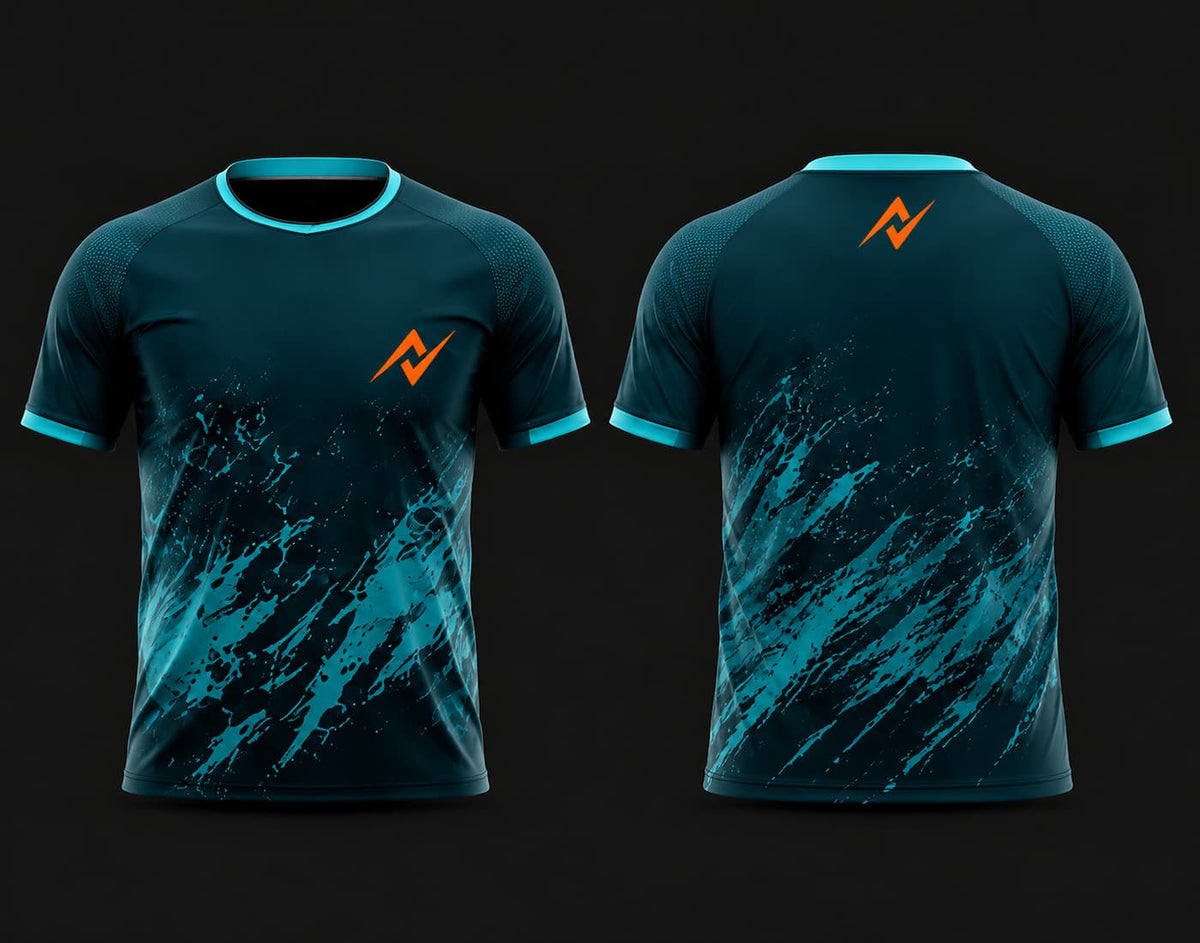 Front and back view of a dark teal round neck cricket jersey featuring aqua splash graphics and an orange chest logo, customizable for cricket teams.