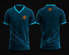 Front and back view of a dark teal and cyan custom V-neck cricket jersey featuring subtle wave graphics and a custom team logo.